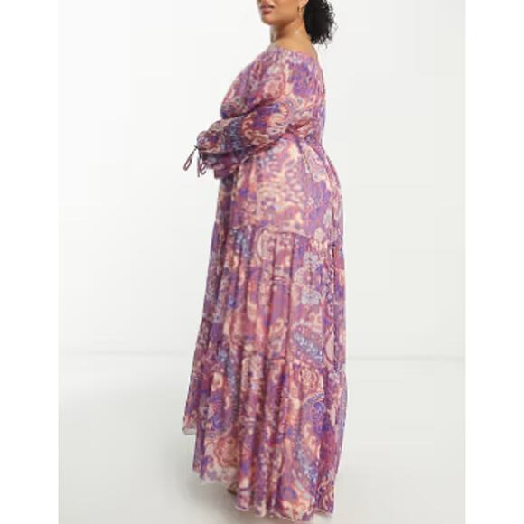 ASOS Design Curve Metallic Off-The-Shoulder Maxi Dress Purple Paisley Size 14 - Picture 3 of 12